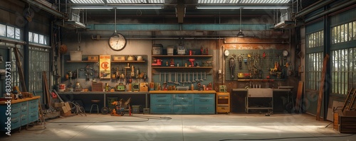 Spacious vintage workshop with tools on wall