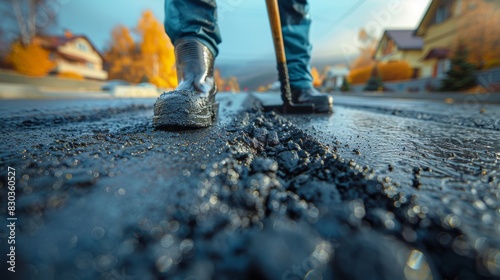 A construction worker stepping forward on newly laid asphalt on a suburban road with fall colors