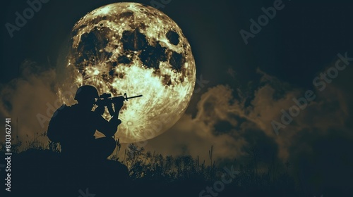 soldier against the backdrop of the full moon. military war with gun weapon participating