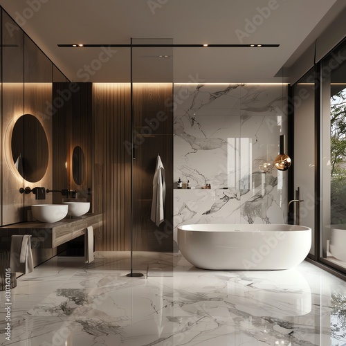 The image shows a modern bathroom with a large bathtub, double sinks, and a separate shower. The bathroom is finished in marble and has a luxurious look.