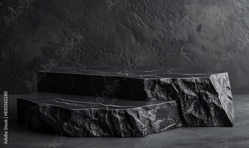 Black marble podium with an asymmetrical design, set against a textured dark wall. Perfect for product display, minimalist settings, and modern interior concepts