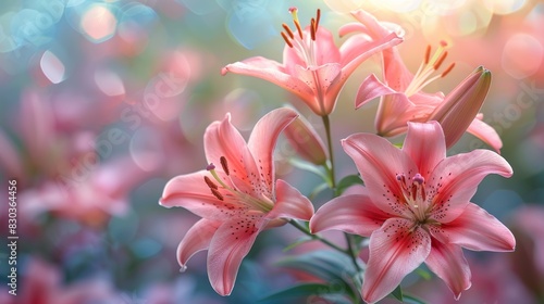 soft pink lilies blooming elegantly in the background, an abstract nature concept with space for text or design, adds beauty to the scene