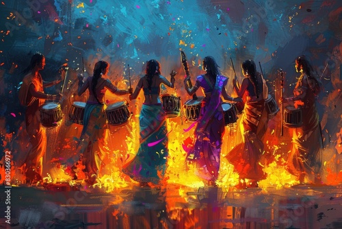 A group of women are playing drums and dancing in front of a fire. The painting is colorful and lively, with the women dressed in traditional Indian clothing. The fire adds a sense of energy