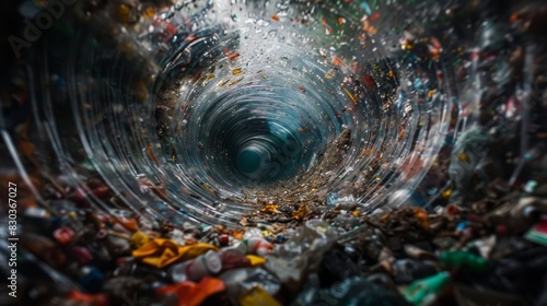 This image depicts a tunnel-like perspective of plastic pollution, showcasing its environmental impact and magnitude