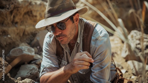 A portrait of an archaeologist at a dig site, examining ancient artifacts 