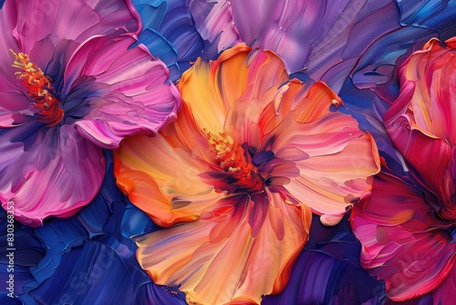 A painting of three flowers with orange petals and blue background. The painting is full of color and has a vibrant, lively feel to it