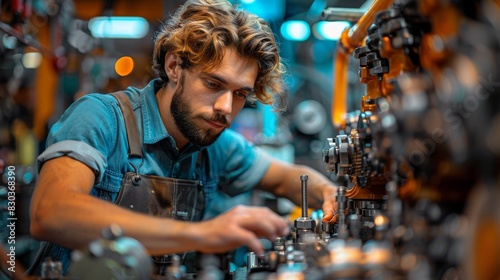 A young man with tousled hair is deeply engaged in fine-tuning intricate industrial machinery, showcasing expertise and concentration
