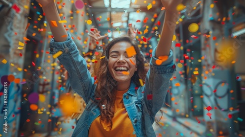 Woman with arms raised in euphoria as colorful confetti rains down, expressing joy and excitement