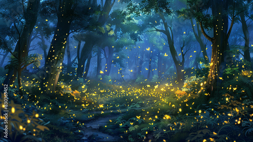 A magical forest scene at dusk with thousands of fireflies lighting up the trees and underbrush