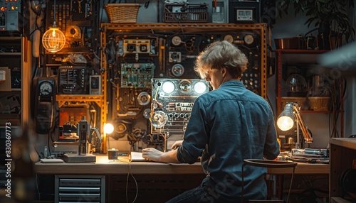 Person working in a retro tech-filled room
