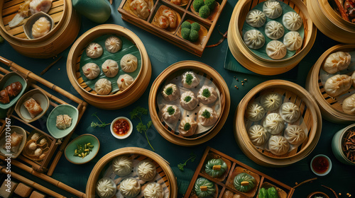 assorted chinese dumplings beautifully presented in bamboo steamers