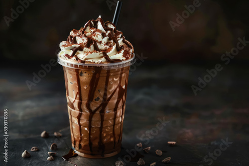 delicious chocolate frappuccino topped with whipped cream and chocolate drizzle