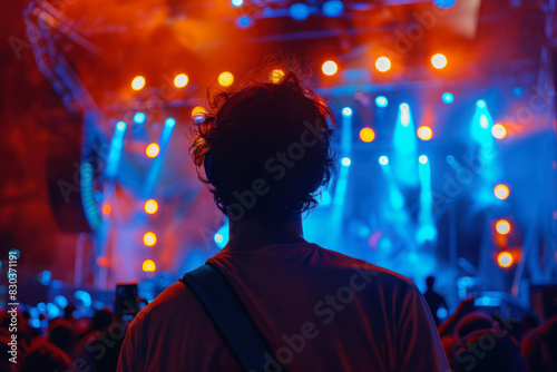 man enjoying a vibrant musical concert with colorful stage lights at night