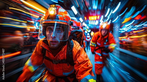 Dynamic image of a firefighter running towards an emergency with background motion blur