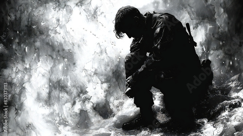 Grunge Style Monochrome Silhouette of a Soldier Paying Respects