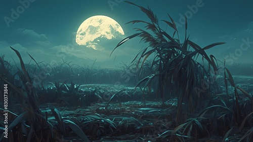 Genetically engineered crops glowing in the dark, creating an eerie night landscape