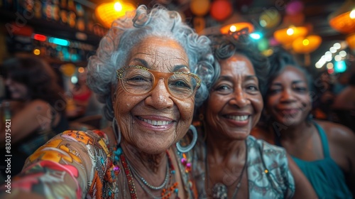 Three joyful elderly women are taking a selfie together, showcasing vibrant expressions and stylish glasses