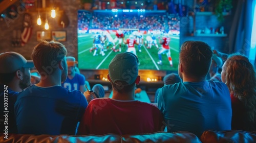A group of people are watching a football game on a television, football on TV