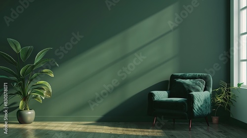 Green living room wall background with dark green armchair and decoration minimal. Generative Ai
