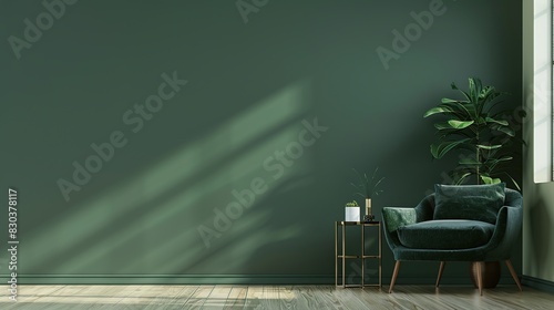 Green living room wall background with dark green armchair and decoration minimal. Generative Ai