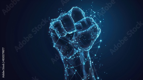 Sign language S letter, raised up clenched fist gesture. Polygonal space low poly style. Deaf people silent communication. Connection wireframe. Raster on dark blue background