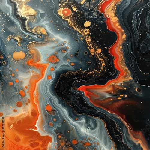 an abstract art illustrating fluid acrylic abstract painting with orange, red, and yellow that captures vibrant energy and excitement inspired by lava flows. 