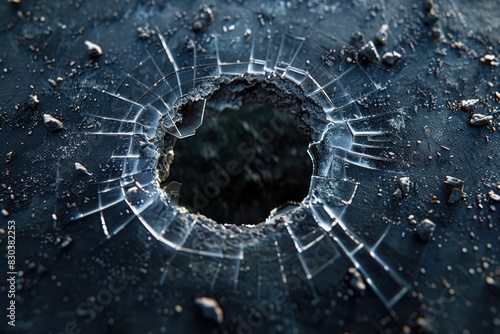 A bullet hole on a black surface, suitable for crime scene or gun violence concepts