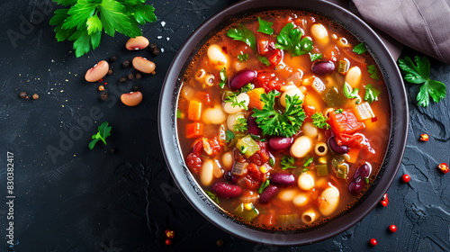 Italian minestrone soup with beans, pasta, and vegetables in a tomato broth.