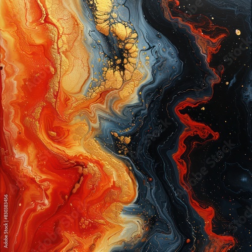 an abstract painting with orange, red, and yellow, it captures vibrant energy and excitement inspired by lava flows. 