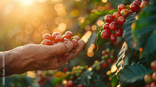 agricultural harvest, a coffee farmer handpicking ripe cherries from trees at dawn, marking the start of the coffee production cycle