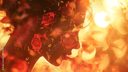 Close up heart with red roses, copy space, warm colors, Double exposure silhouette with petals,