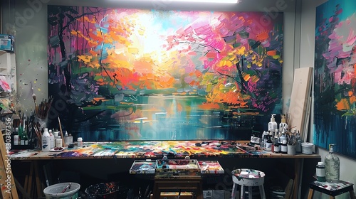 Hobbies that boost happiness focus on painting studio vibrant Multilayer,