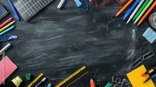 Frame of school supplies including crayons, glue sticks, sticky notes, and chalk, laid out in a flat lay style around a blackboard with ample room for text or design in the center.