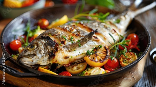 Baked sea bream in a frying pan displayed on a wooden table