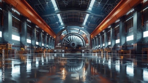 The inside of a turbine hall in a nuclear power plant, with a giant turbine connected to a generator, producing electricity, in a photorealistic style with dynamic lighting. --ar 16:9 --style raw 