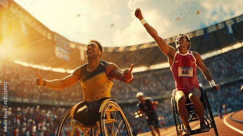 A man in a wheelchair celebrating a win. Suitable for disability inclusion concepts