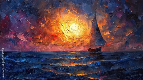 Impasto, starry sky and sea, a singular of texture and depth, capturing the ethereal beauty and mystique of celestial bodies reflected in the vastness of the ocean.