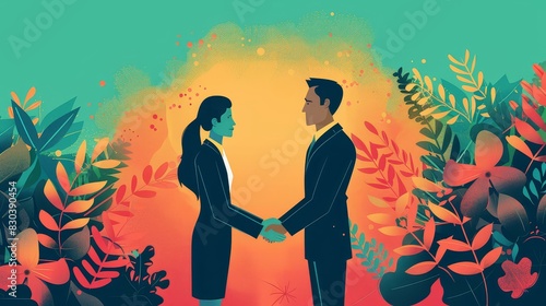 Illustration of a professional woman and businessman shaking hands in a successful partnership setting.
