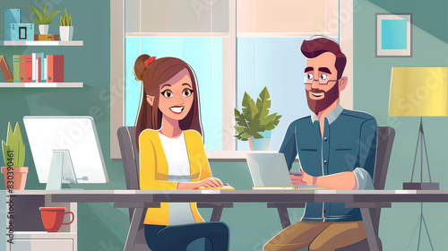 Detailed artwork of a professional woman and businessman working efficiently at a desk in an office environment.