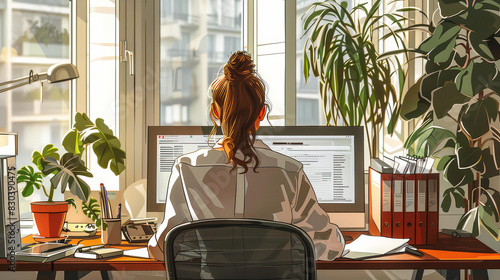 Detailed and highquality artwork of a professional woman entrepreneur at her organized and productive desk in an office environment.