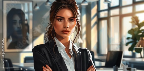 Highquality illustration of a confident and assertive professional woman in a power suit in a modern office setting.