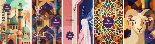 Eid al-Adha Eid Mubarak. Vector modern illustration of mosque, lamb, ornament, muslim woman in hijab, abstract pattern, crescent for greeting card, Islamic background, poster or sale flyer