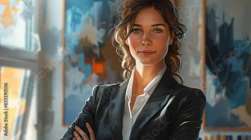 Illustration of a confident professional woman in business attire in a modern office setting.