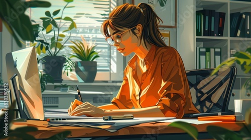 Detailed illustration of a professional woman working at organized desk in a productive office environment.