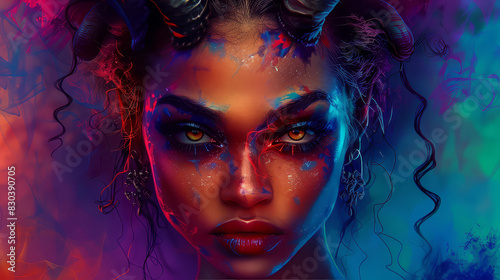 Impressive illustration of a seductive woman with devil horns and tail, vibrant colors, high resolution.