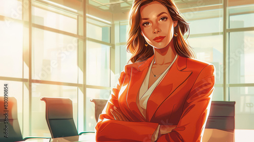 Vibrant illustration of a sophisticated businesswoman in a dynamic boardroom setting, exuding leadership and professionalism.