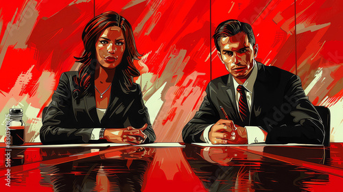 Highquality illustration of businesswoman and businessman in a dynamic boardroom setting, representing leadership and vision.