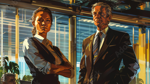 Highquality illustration of businesswoman and businessman in a dynamic boardroom setting, representing leadership and vision.