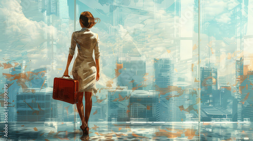 A stylish businesswoman with a briefcase, epitomizing efficiency in an urban landscape artwork.
