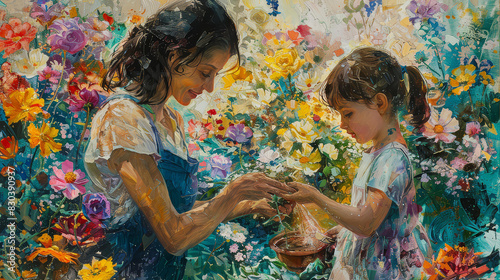 Beautiful illustration of a sophisticated woman and a young girl gardening together, nurturing growth and learning.